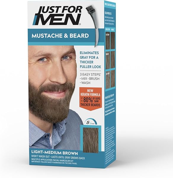 Just For Men Bigode e Barba, Coloração de Barba com Escova, Marrom Médio-claro M-30